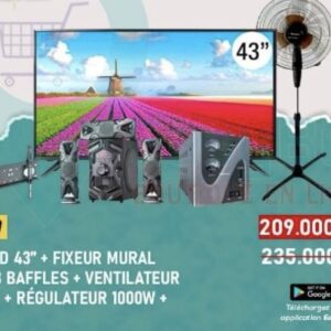 ÉCRAN LED 43" + FIXEUR MURAL WOOFER 3 BAFFLES + VENTILATEUR BINATONE + RÉGULATEUR 1000W